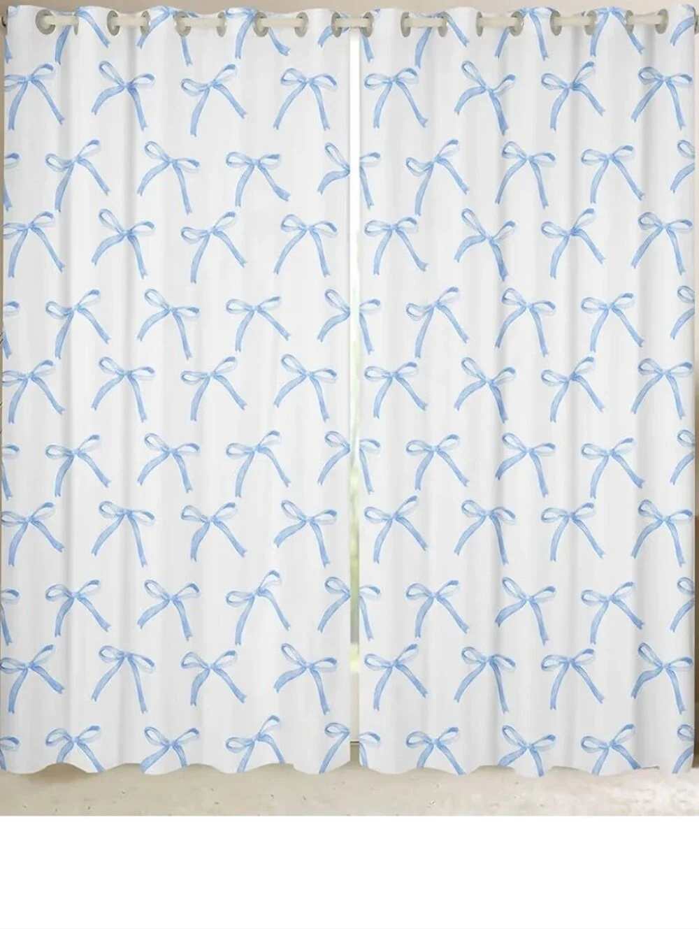 Light Blue Bow Print Grommet Curtain Panel